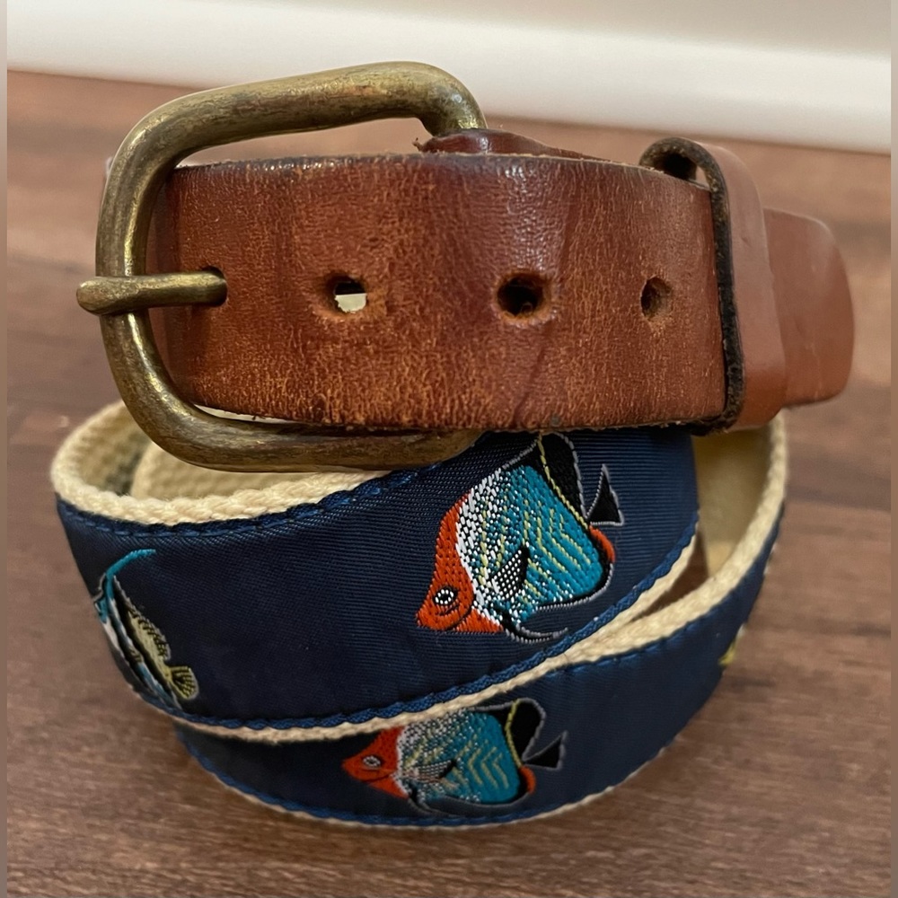 Leather Man LTD brown leather and canvas blue fish print belt size 32